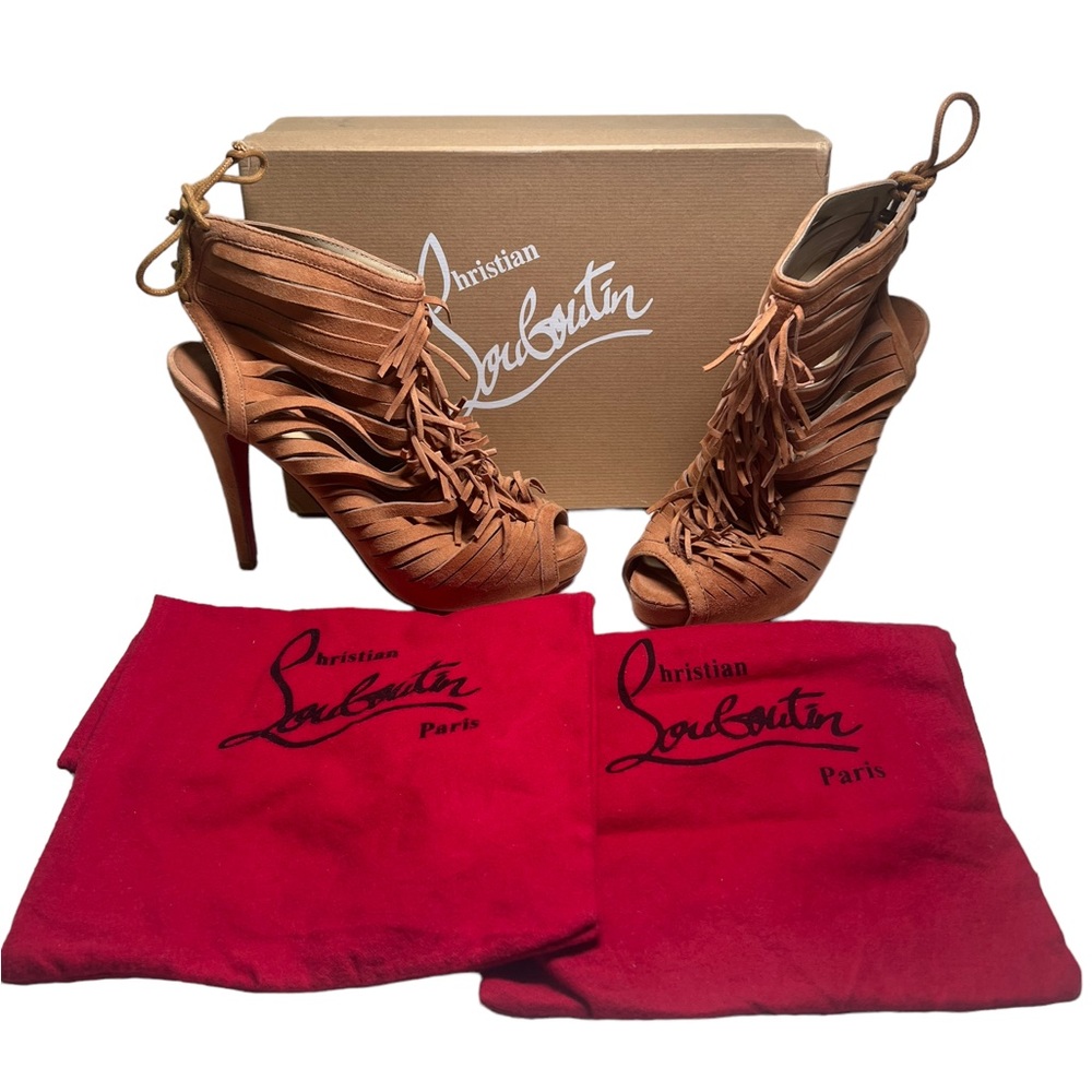 CHRISTIAN LOUBOUTIN Heels Sandals Suede Fringe Trim Stilletto Deva SIZE 38 US 8